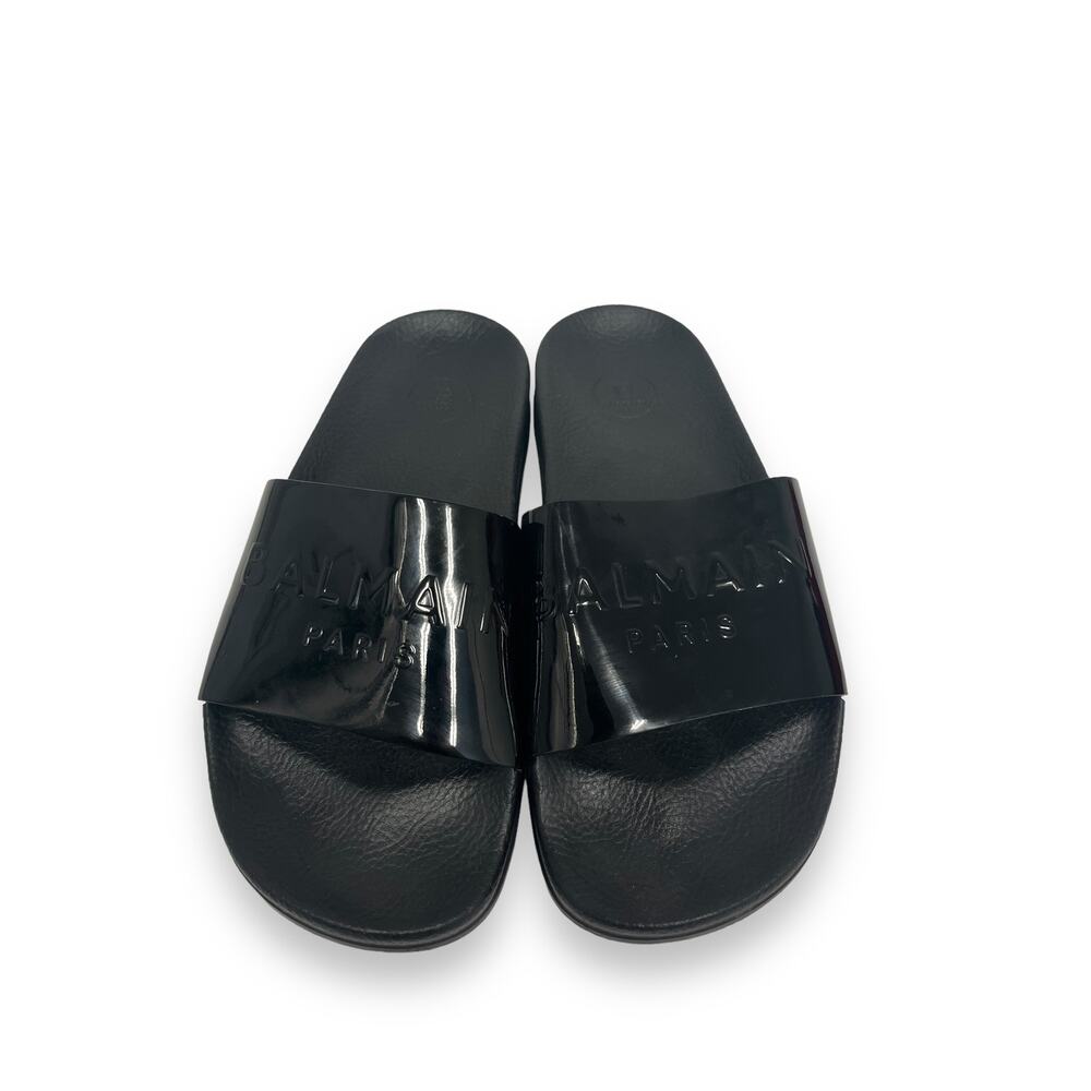 BALMAIN Black Calypso Embossed Patent Leather Logo Flats Slides Size 36 US 6 - Picture 6 of 8